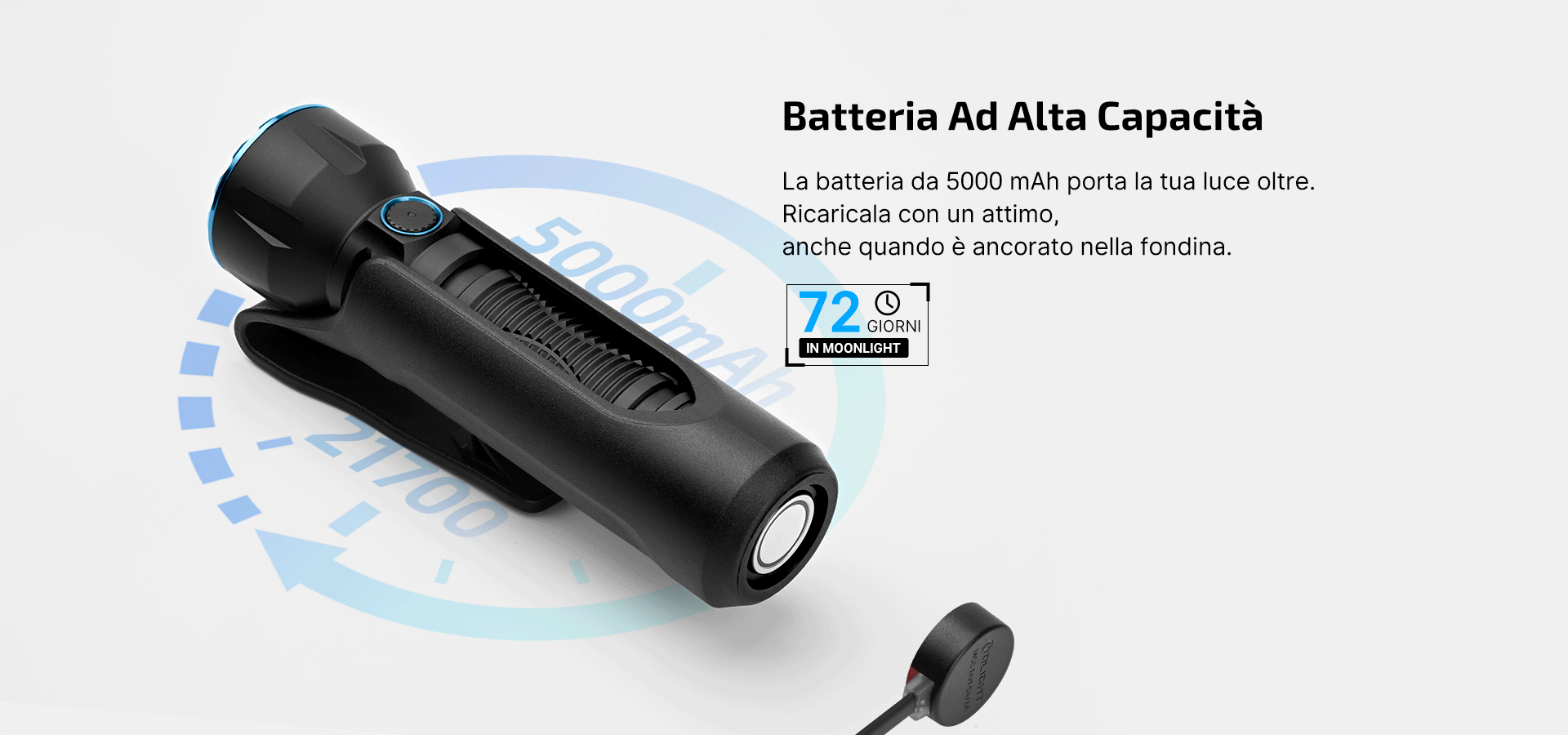 Batteria ad alta capacità: la batteria da 5000 mAh porta la tua luce oltre. Ricaricala con un attimo, anche quando è ancorato nella fondina.